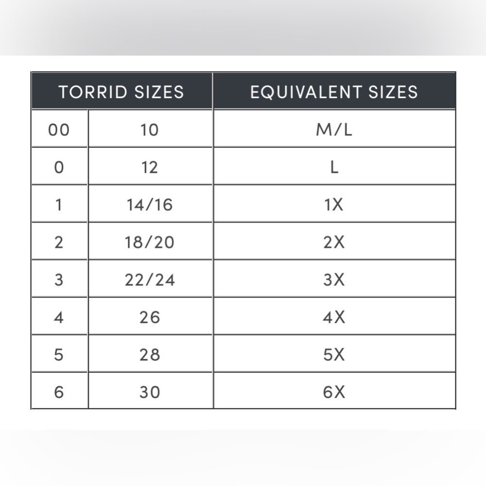 Size chart for Torrid